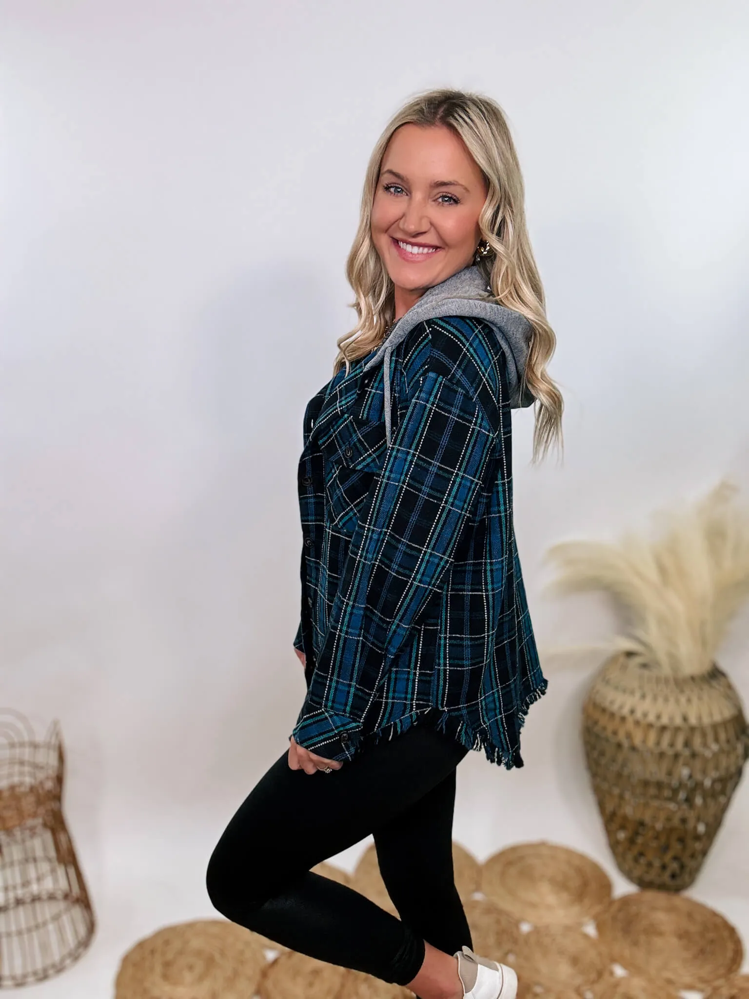 Black and Blue Mixed Plaid Long Sleeve Button-Up Hoodie Flannel