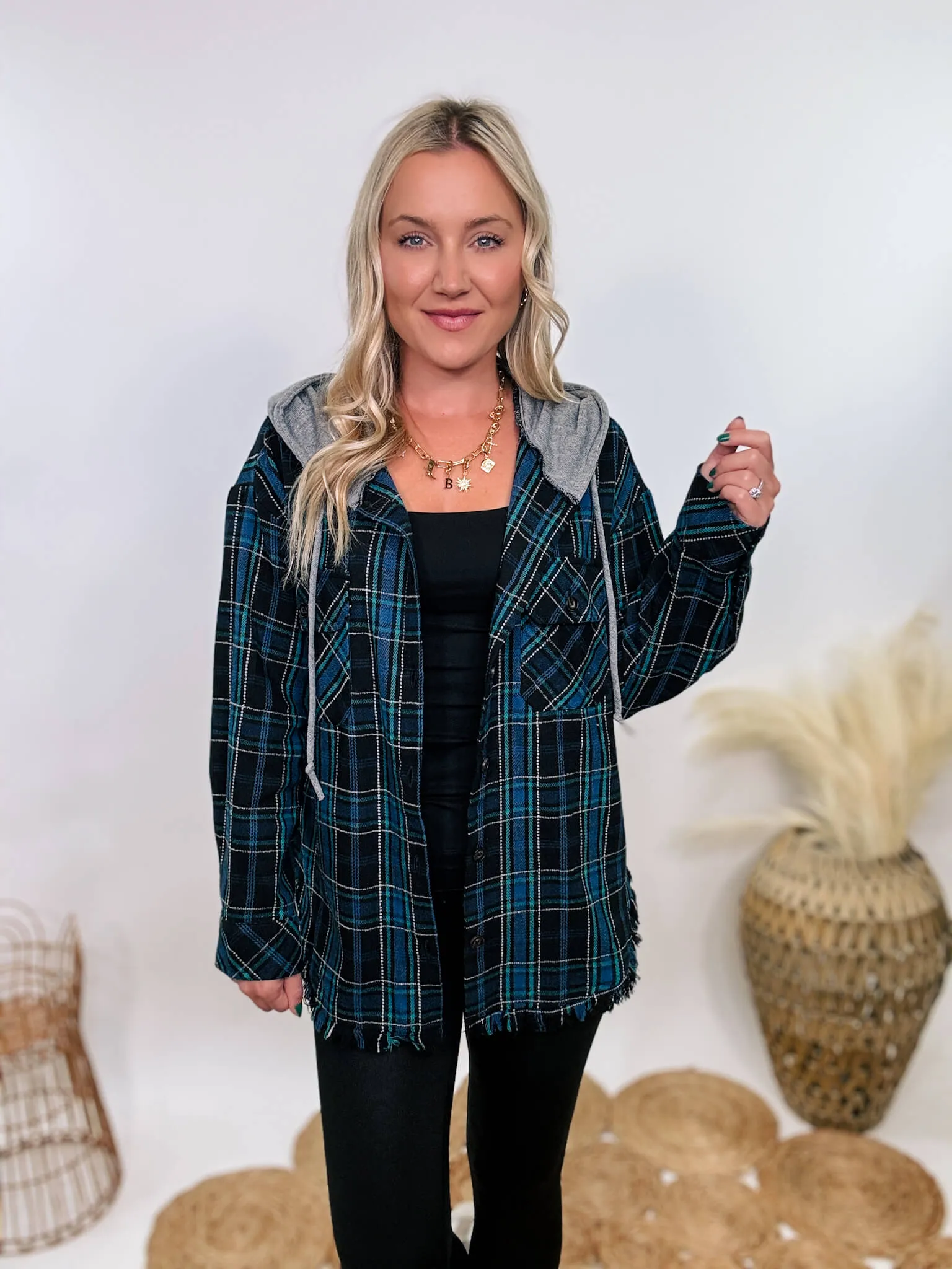 Black and Blue Mixed Plaid Long Sleeve Button-Up Hoodie Flannel