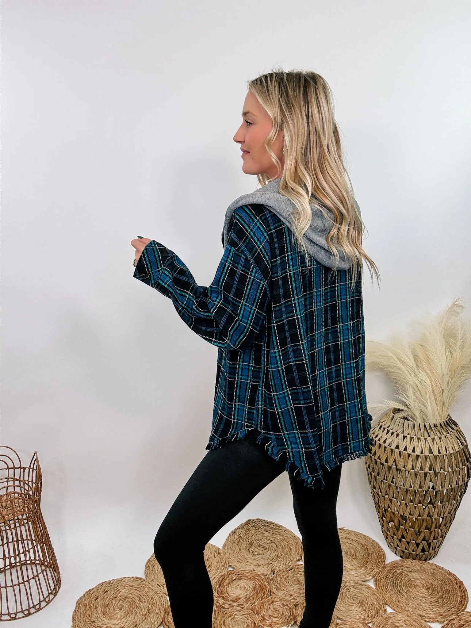 Black and Blue Mixed Plaid Long Sleeve Button-Up Hoodie Flannel