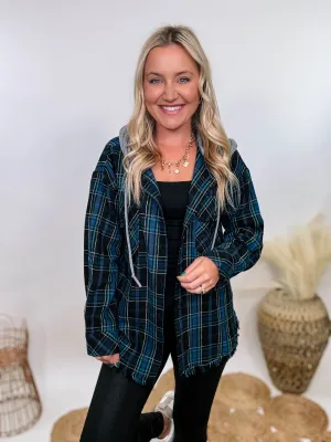 Black and Blue Mixed Plaid Long Sleeve Button-Up Hoodie Flannel