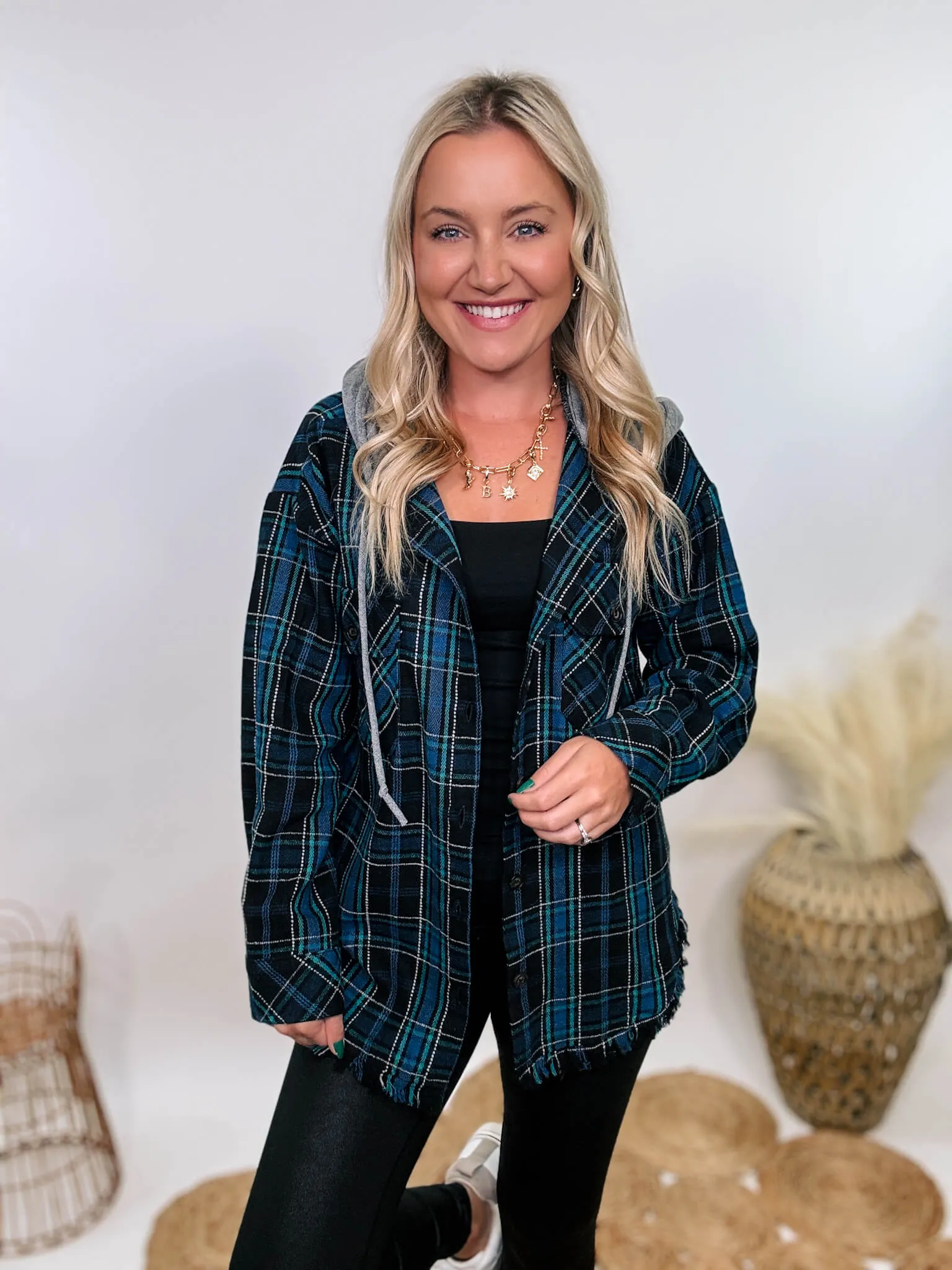 Black and Blue Mixed Plaid Long Sleeve Button-Up Hoodie Flannel