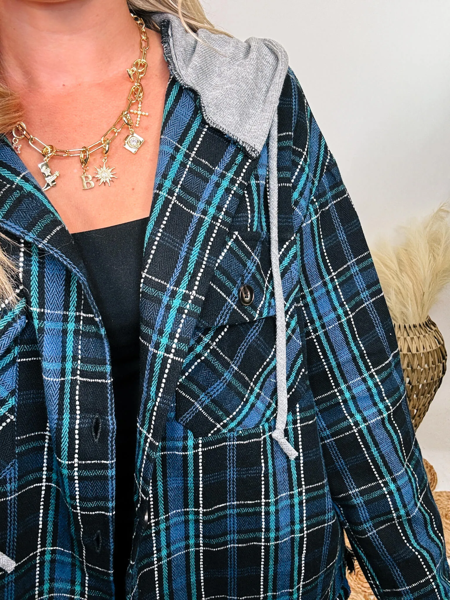 Black and Blue Mixed Plaid Long Sleeve Button-Up Hoodie Flannel