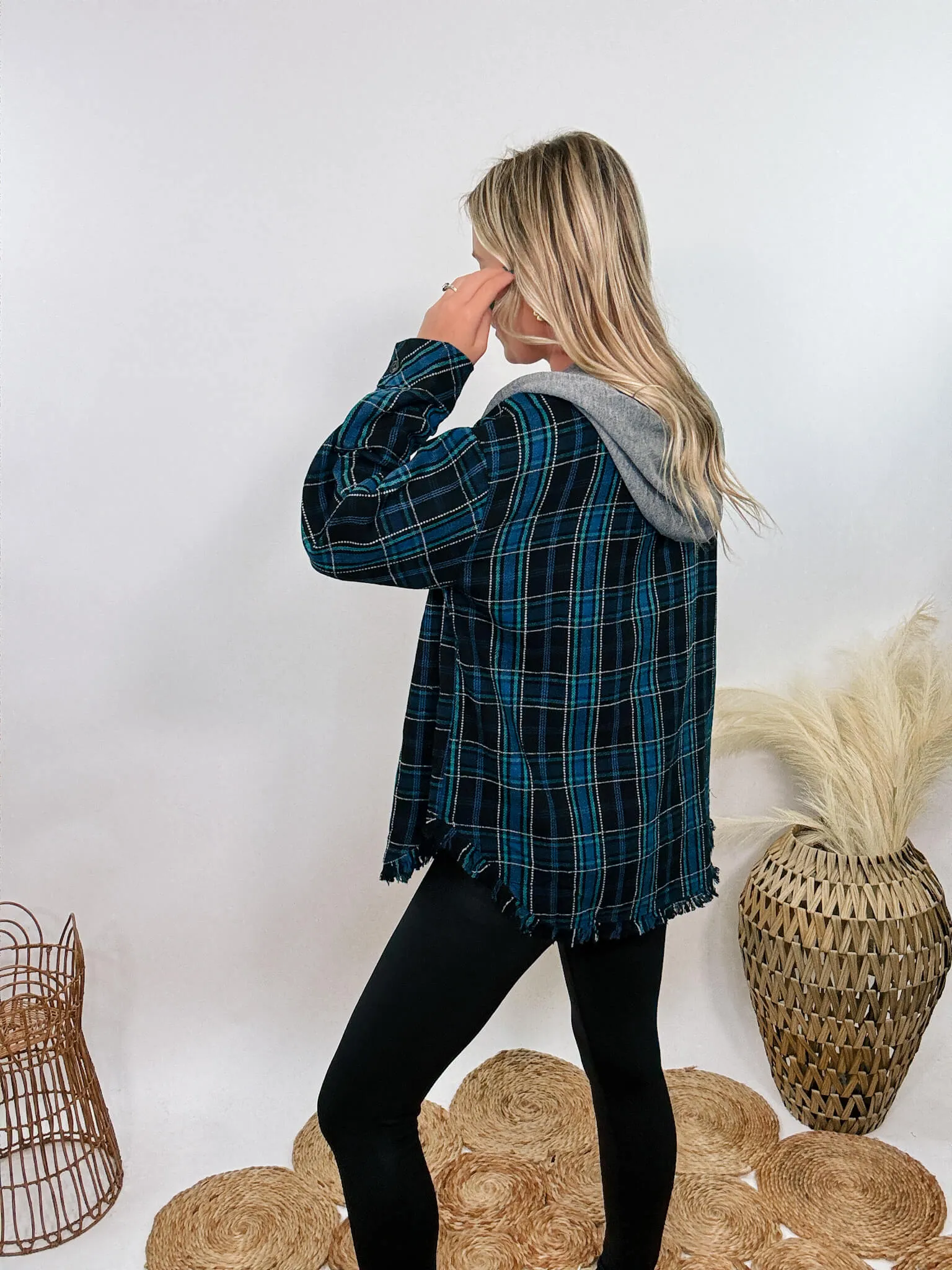 Black and Blue Mixed Plaid Long Sleeve Button-Up Hoodie Flannel