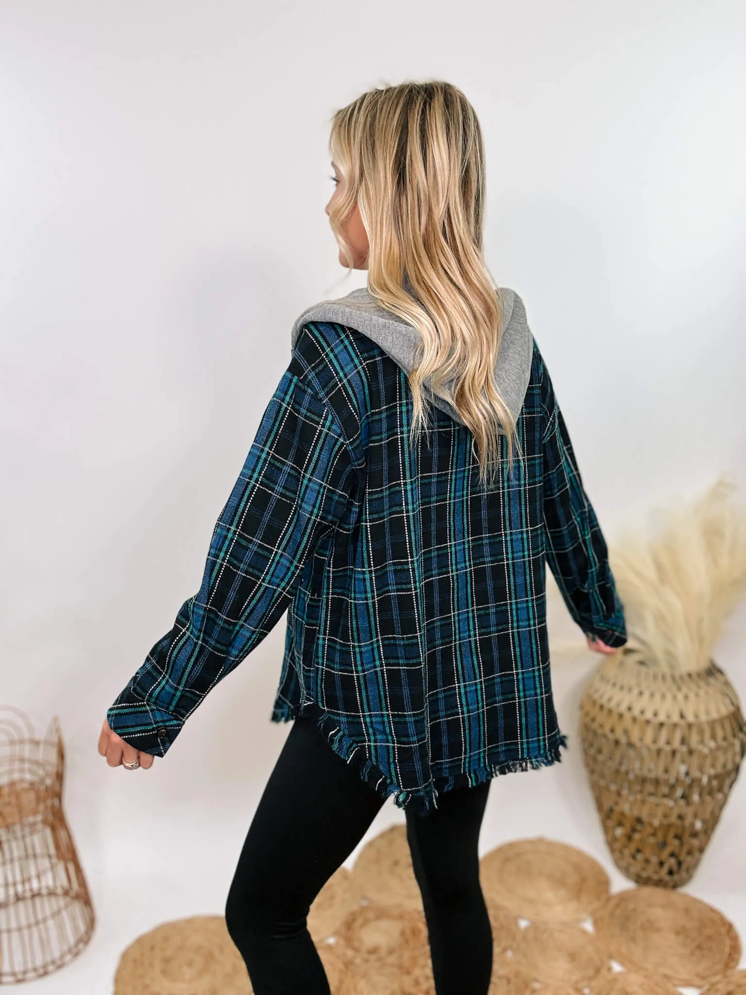 Black and Blue Mixed Plaid Long Sleeve Button-Up Hoodie Flannel