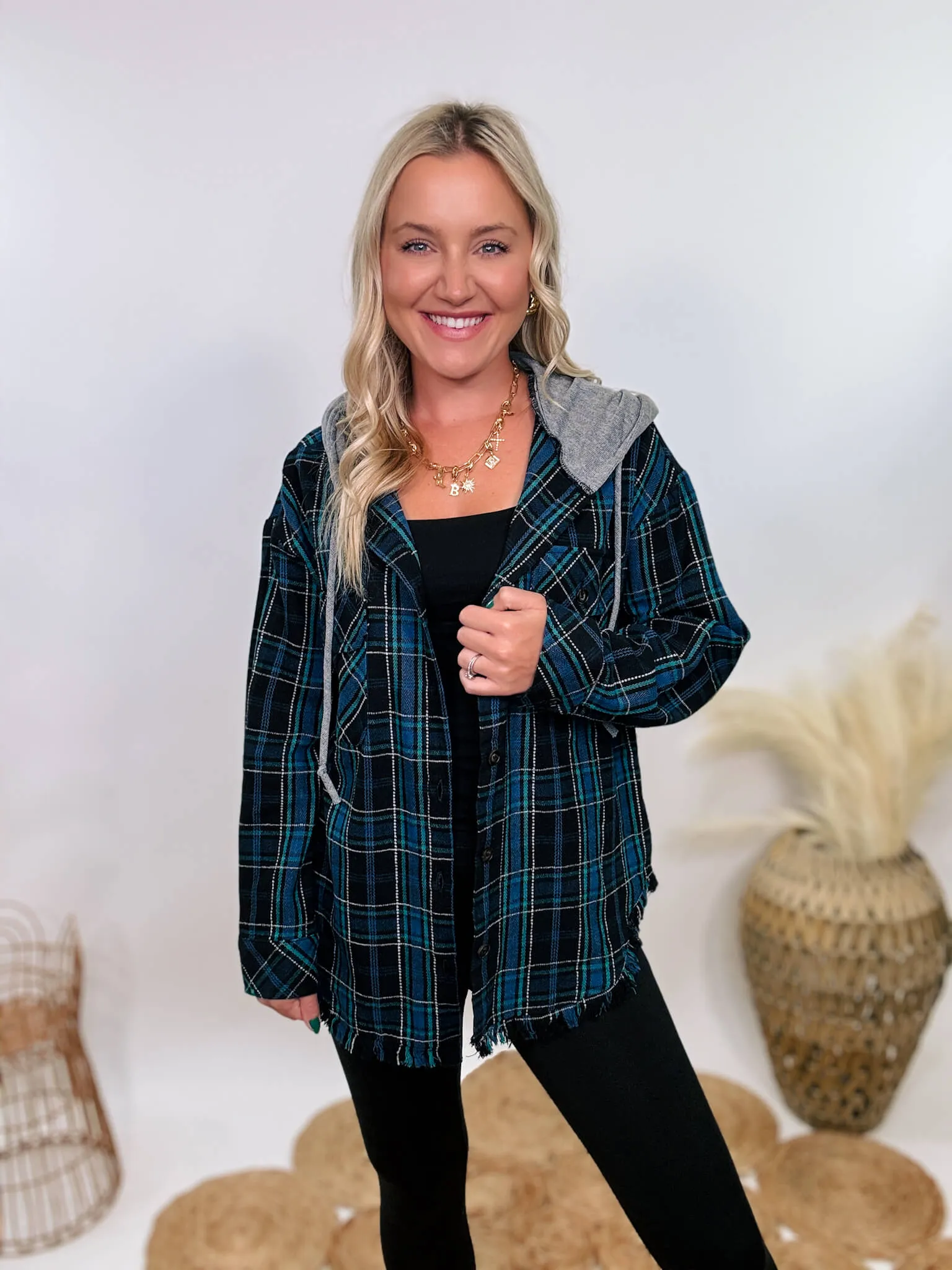 Black and Blue Mixed Plaid Long Sleeve Button-Up Hoodie Flannel