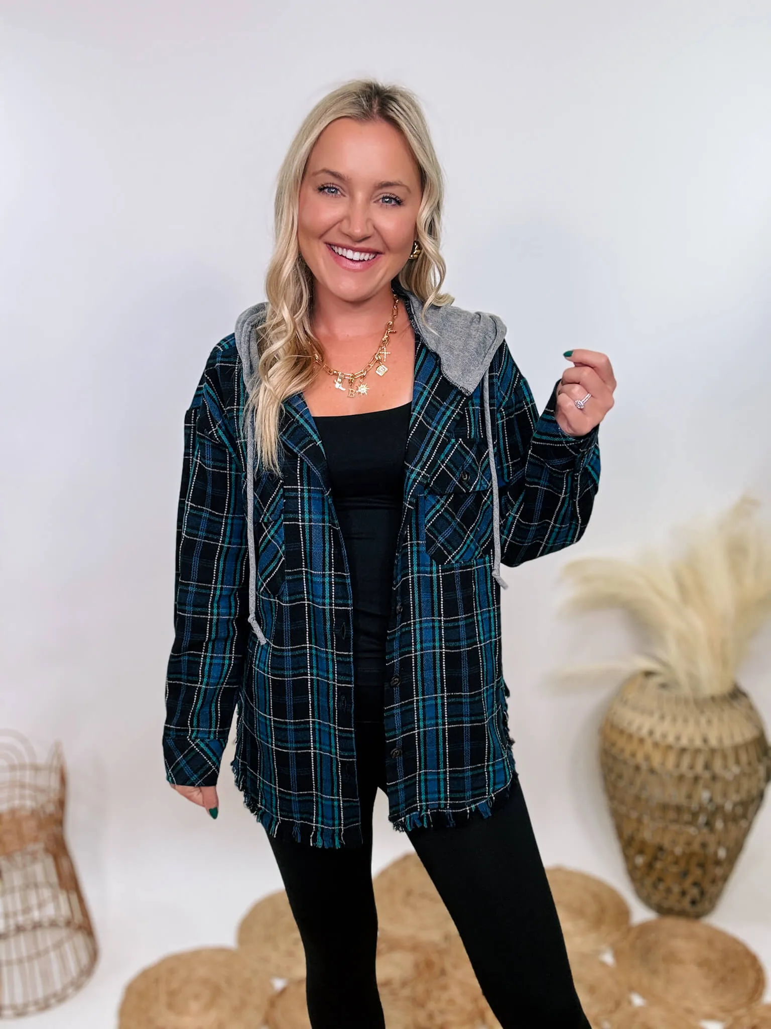 Black and Blue Mixed Plaid Long Sleeve Button-Up Hoodie Flannel