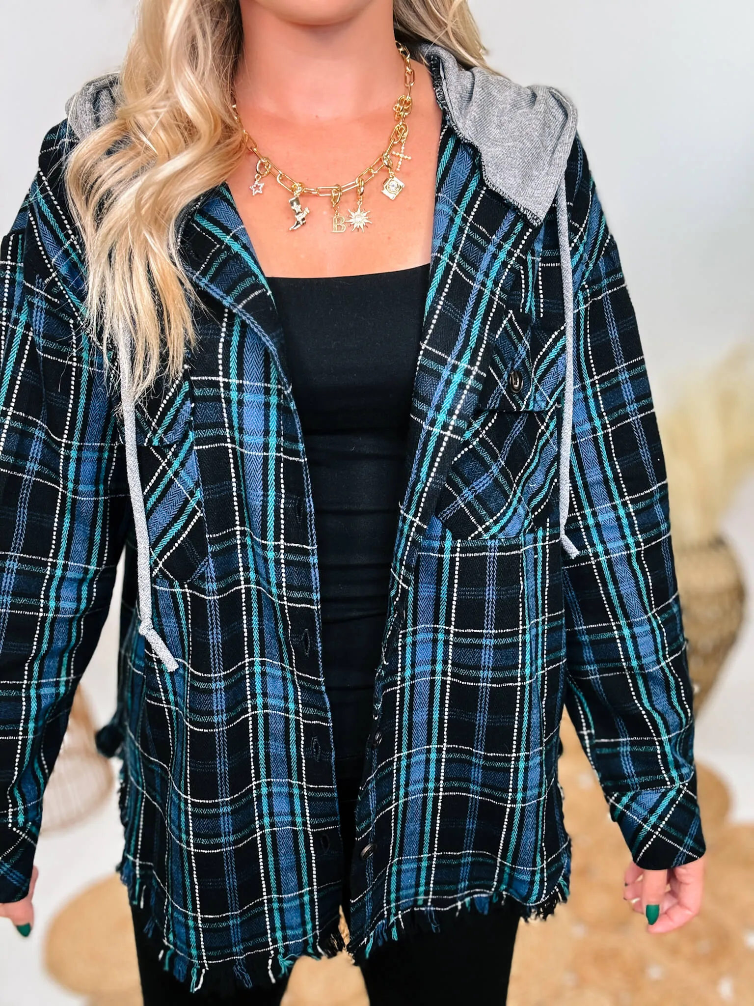 Black and Blue Mixed Plaid Long Sleeve Button-Up Hoodie Flannel