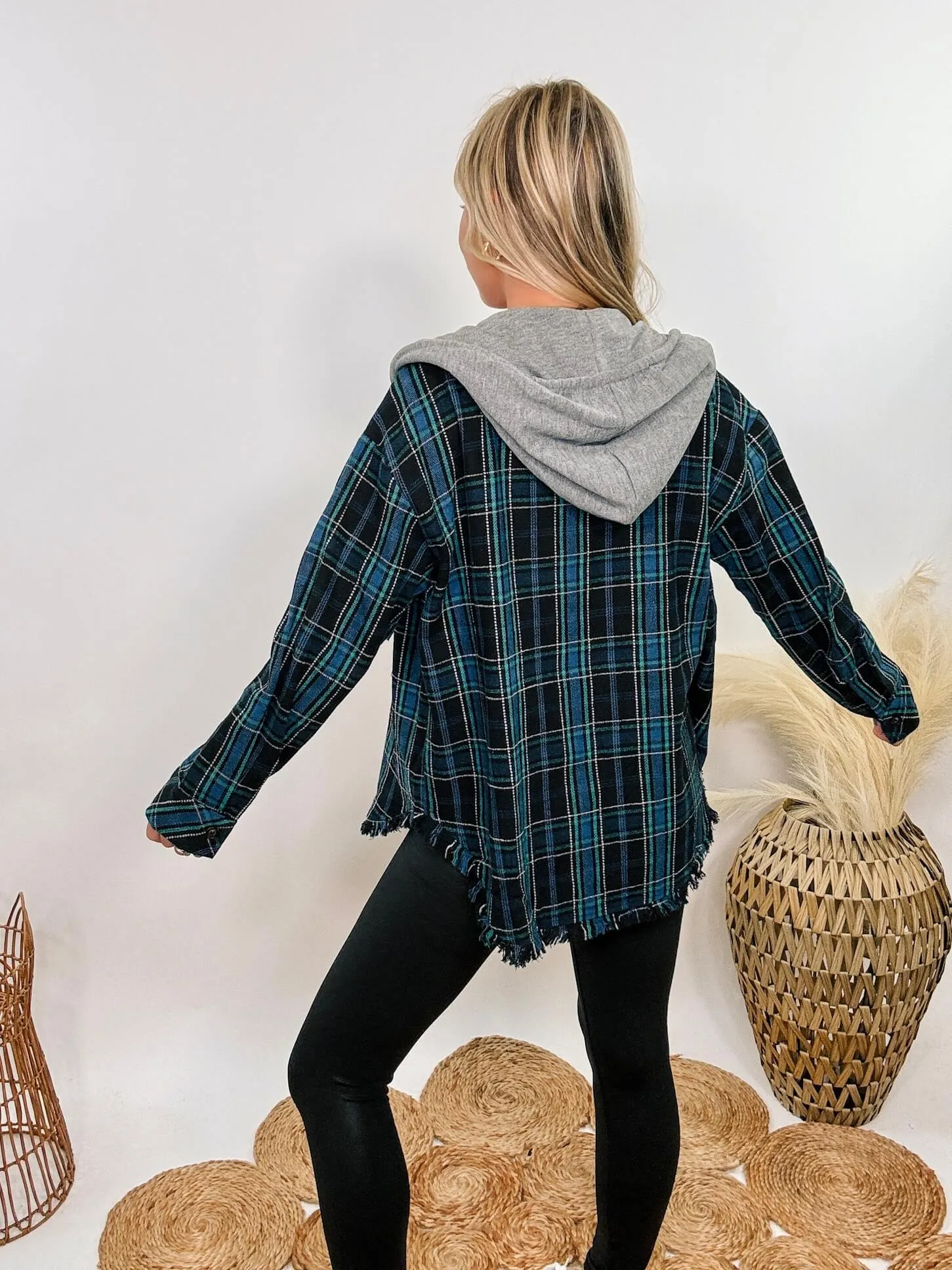 Black and Blue Mixed Plaid Long Sleeve Button-Up Hoodie Flannel