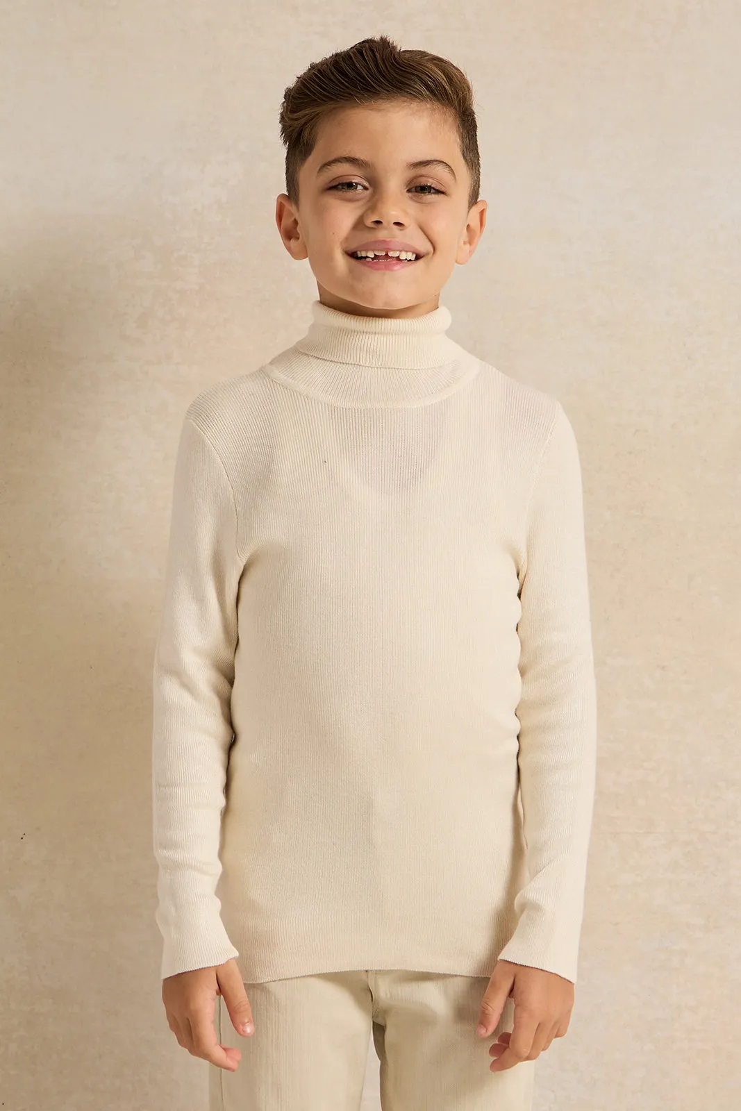 Boys Cream High Neck Plain Pullover