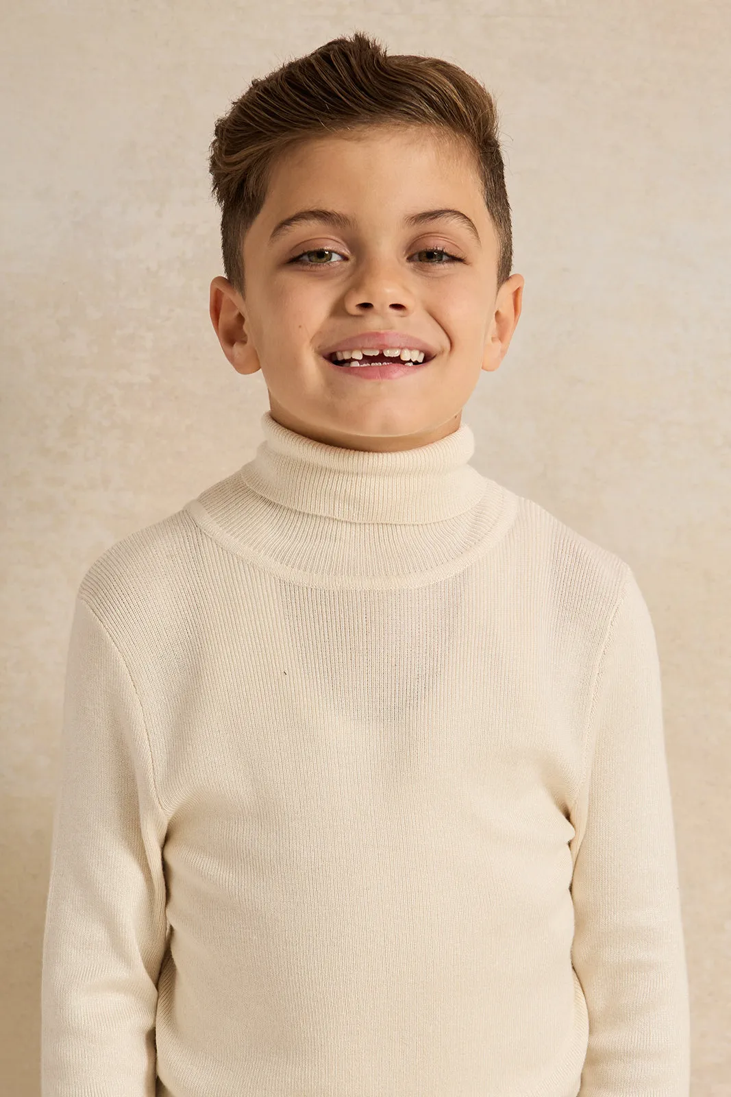 Boys Cream High Neck Plain Pullover