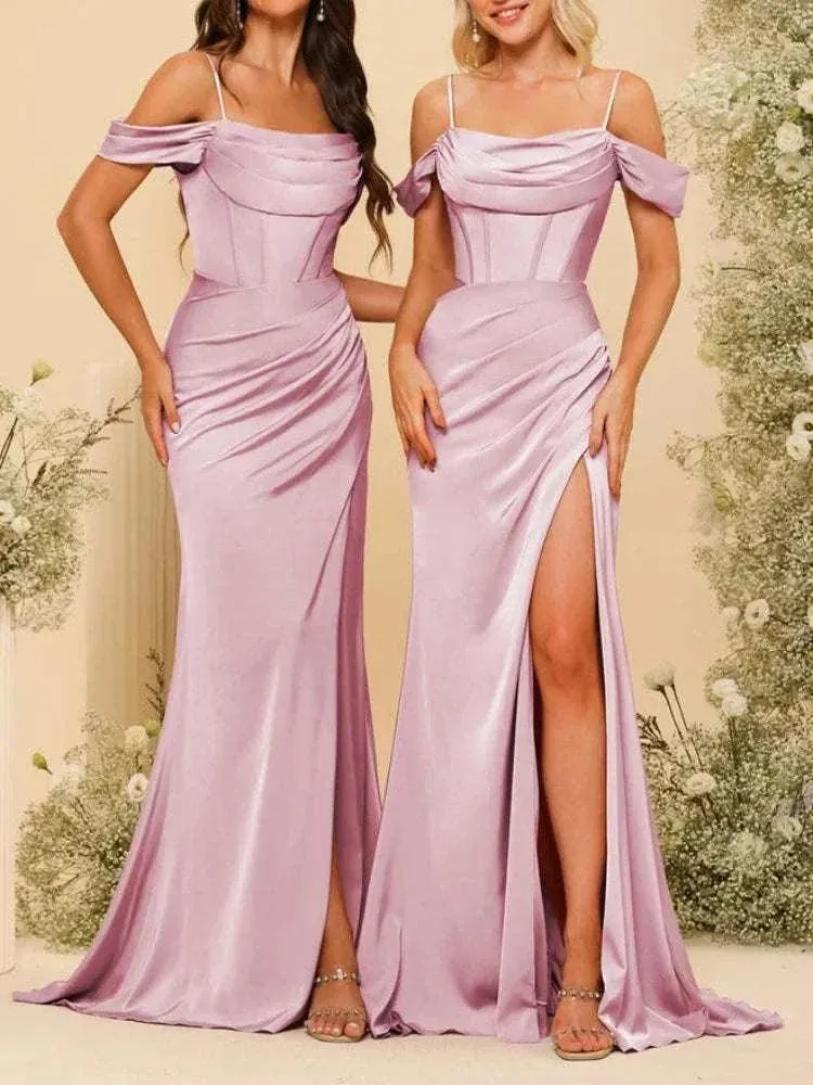 Bridesmaid Dresses: Elegant Backless Satin Party Gown with High Slit