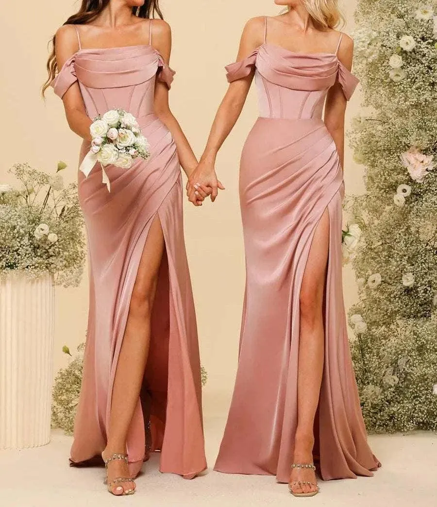 Bridesmaid Dresses: Elegant Backless Satin Party Gown with High Slit