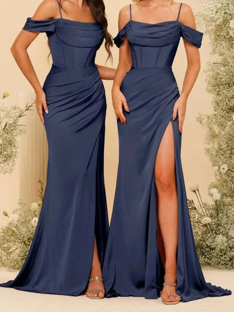 Bridesmaid Dresses: Elegant Backless Satin Party Gown with High Slit