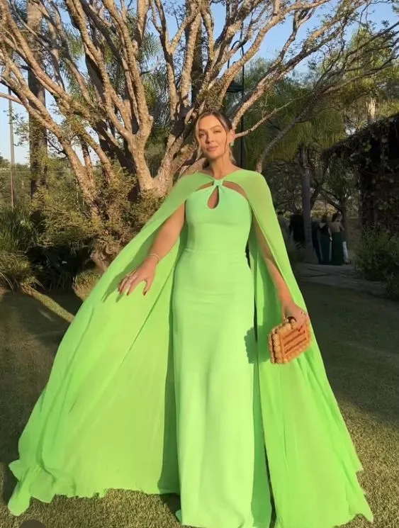 Bright Green Woman Long Prom Dress Party Dresses with Cape