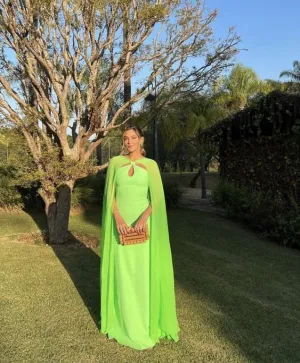 Bright Green Woman Long Prom Dress Party Dresses with Cape