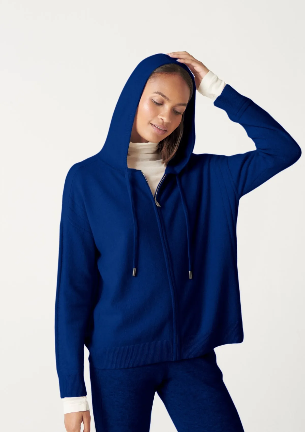 Cashmere Zip Through Hoodie in Midnight Blue