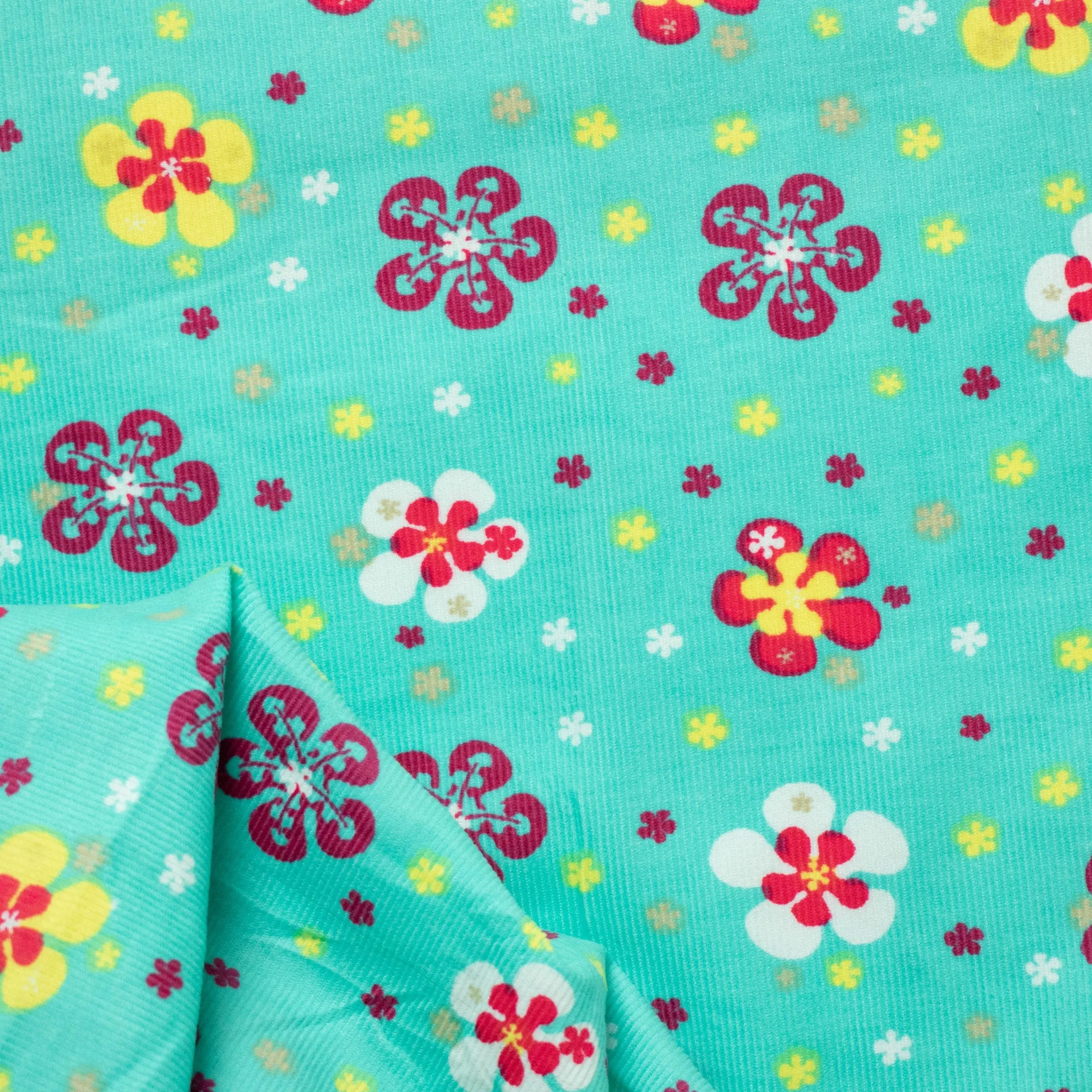 Cotton Corduroy Prints Design 27 Red & Yellow Florals on Turquoise