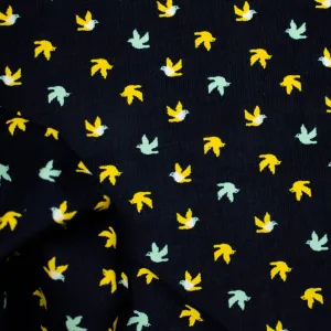 Cotton Corduroy Prints Design 35 Yellow & Blue Mini Birds on Navy