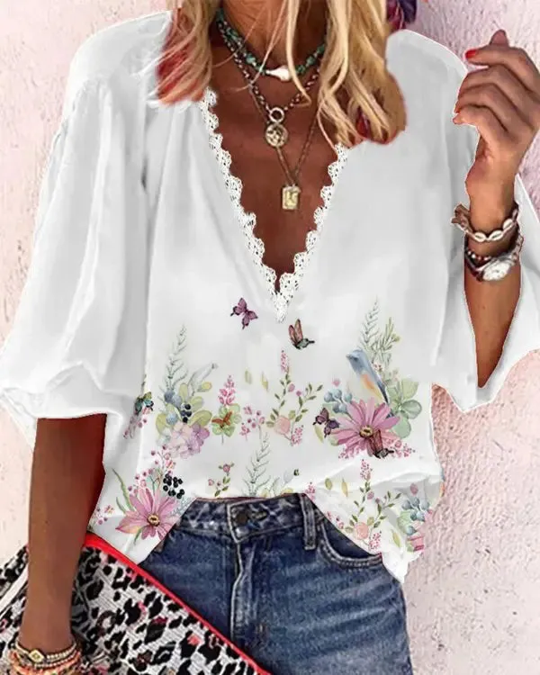 Deanwangkt - Floral Butterfly Print Contrast Lace V-Neck Top