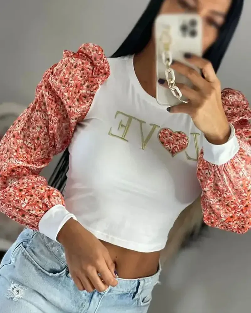 Deanwangkt - Floral Print Letter Embroidery Puff Sleeve Crop Top