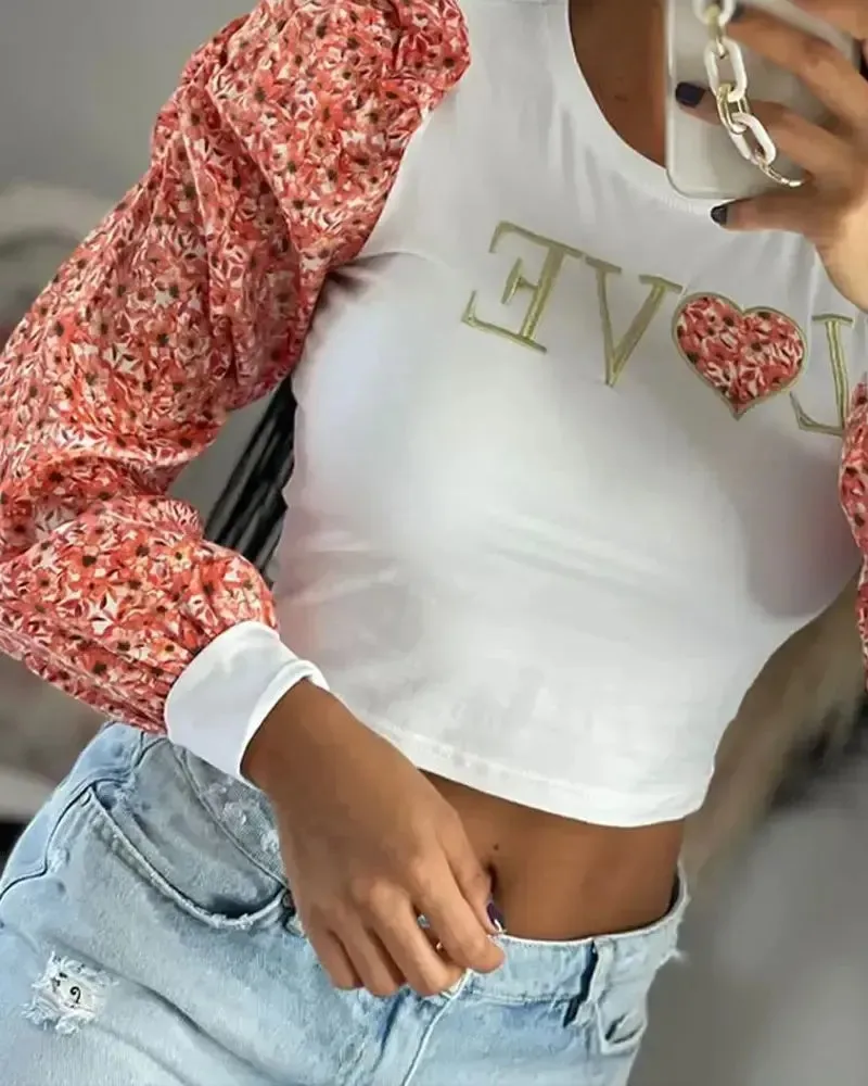 Deanwangkt - Floral Print Letter Embroidery Puff Sleeve Crop Top