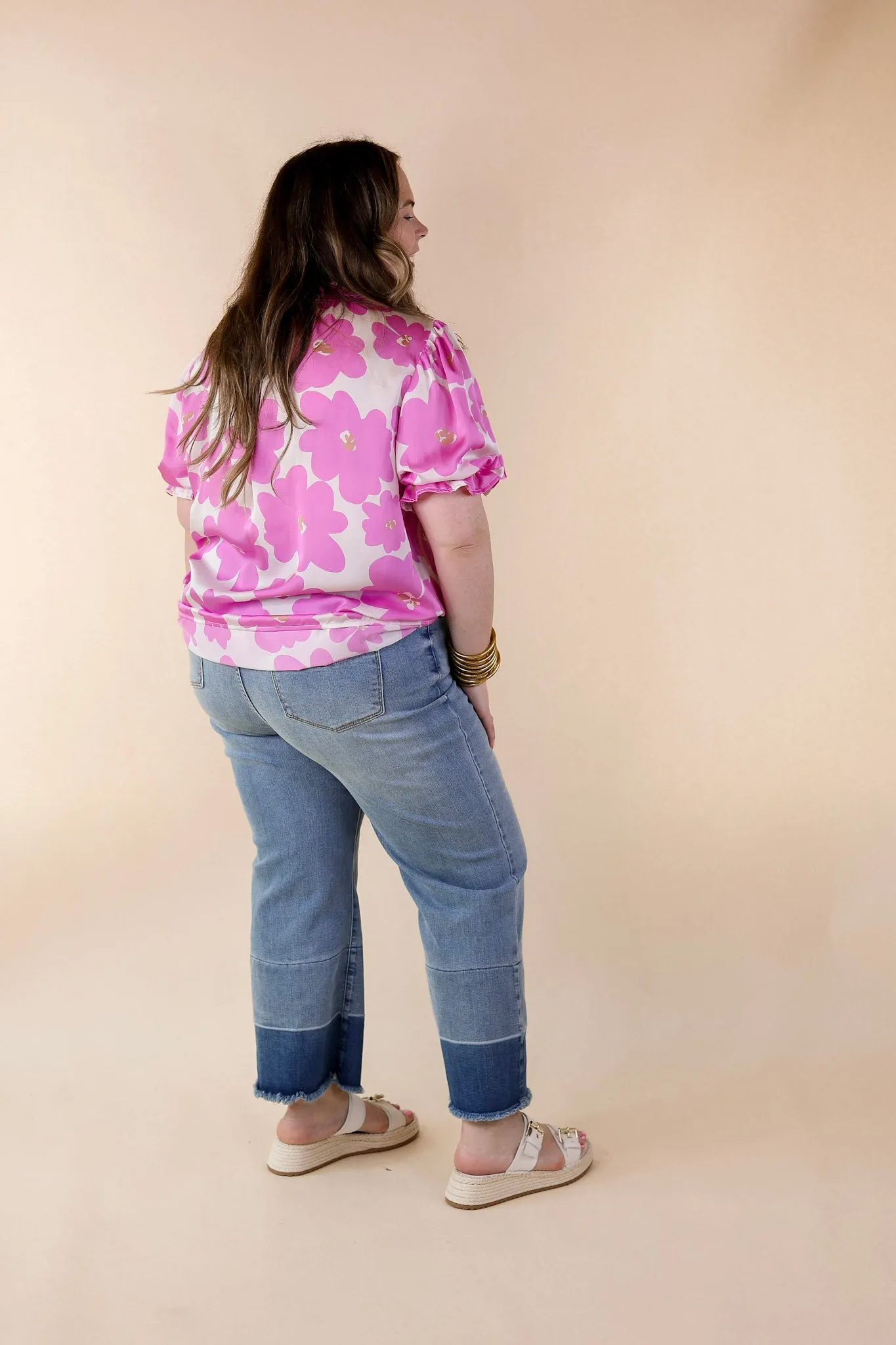 Divine Design Floral Blouse With Puffed Sleeve and Ruffle Neckline in Cream White