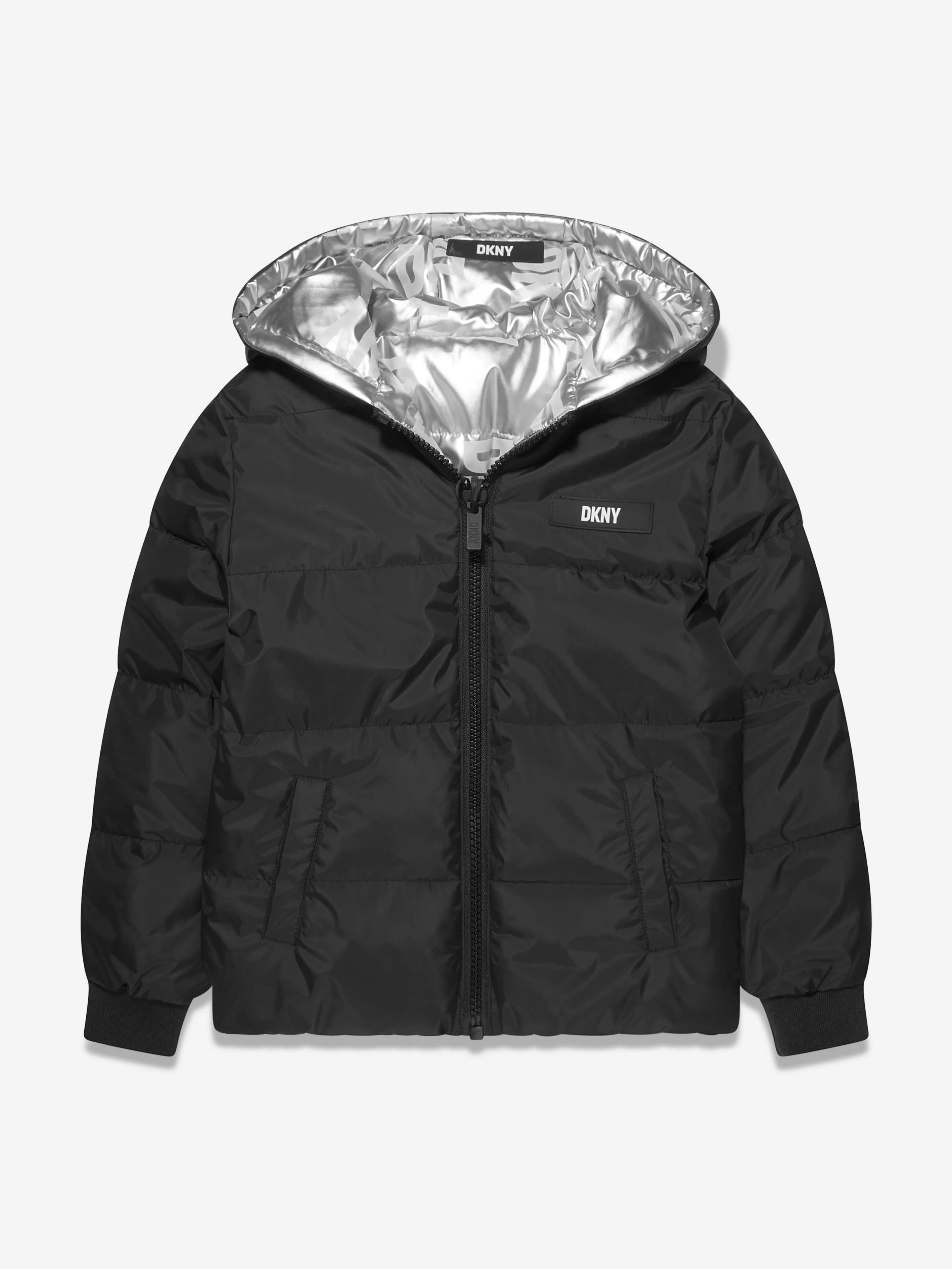 DKNY Girls Reversible Down Puffer Jacket in Silver