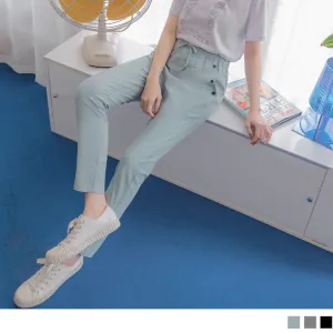 DRAWSTRING ELASTIC WAIST BUTTONED PANTS