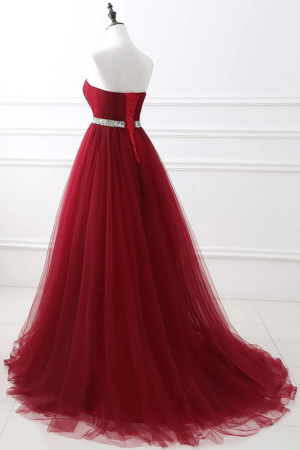 Elegant Burgundy Tulle Evening Dresses | Long Crystal Prom Gowns