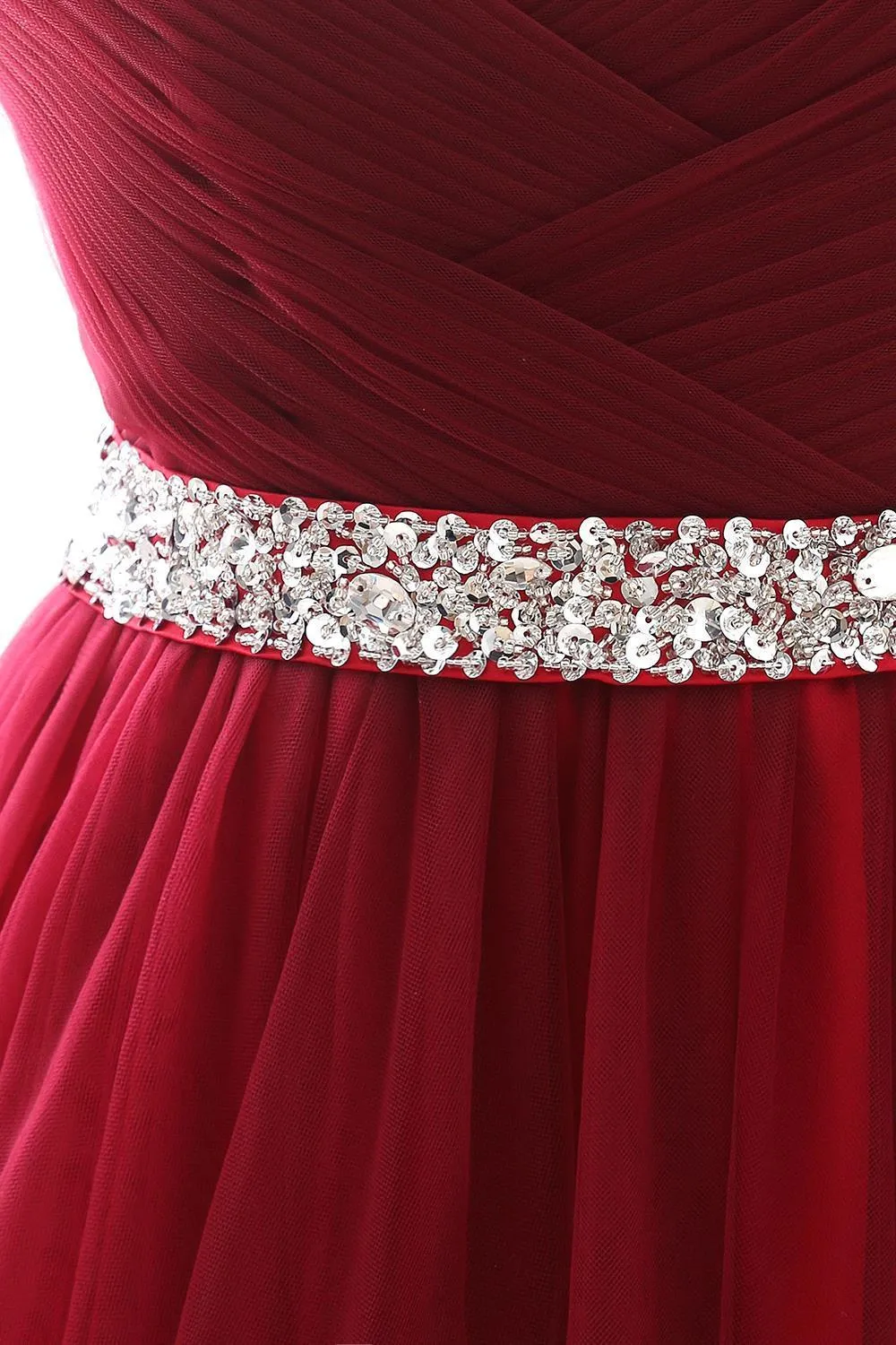 Elegant Burgundy Tulle Evening Dresses | Long Crystal Prom Gowns