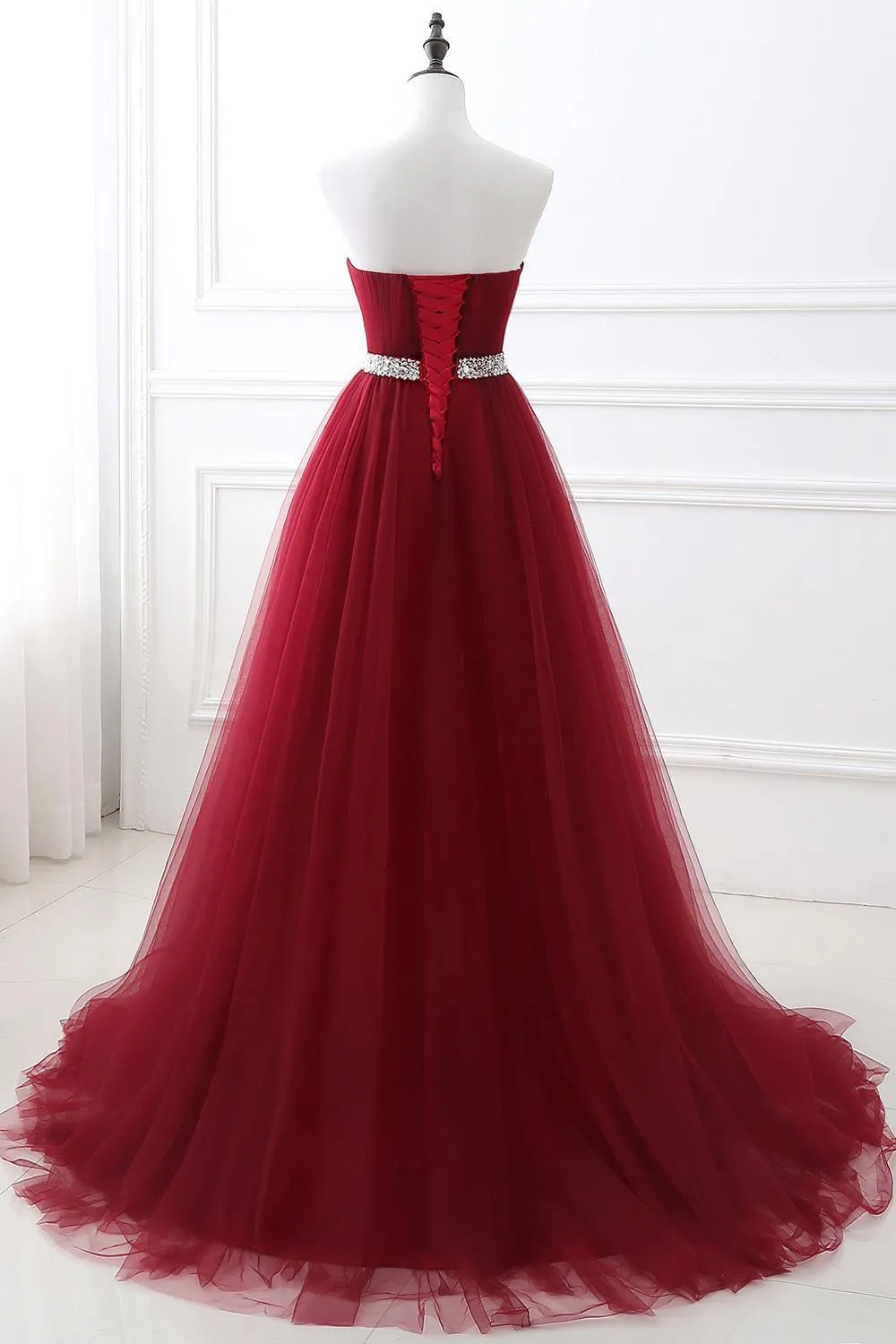 Elegant Burgundy Tulle Evening Dresses | Long Crystal Prom Gowns