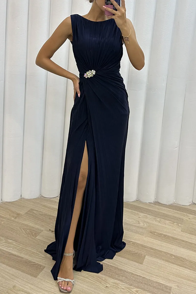 Elegant Formal Solid Slit Fold O Neck Evening Dress Dresses