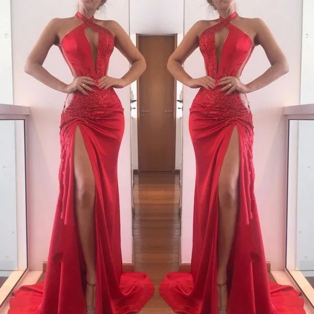 Elegant Halter Red Prom Dresses | Sleeveless Lace Appliques Evening Gowns With Slit BC1161