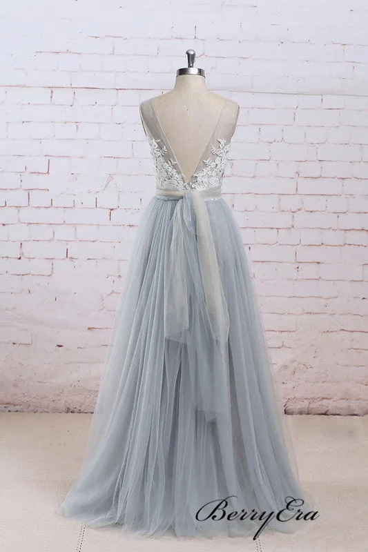 Elegant Lace A-line Tulle Prom Dresses, Popular Prom Dresses, Evening Party Prom Dresses