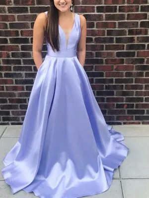 Elegant Light Blue Satin V-neck Sleeveless Long Prom Dresses Formal Dress, OL711