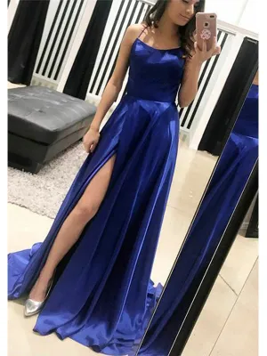 Elegant Royal Blue Spaghetti Straps Backless Side Slit Prom Dress Evening Dress, OL739