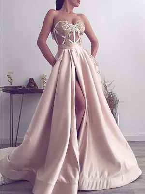 Elegant Satin Applique Illusion Strapless Prom Dresses,PD00177