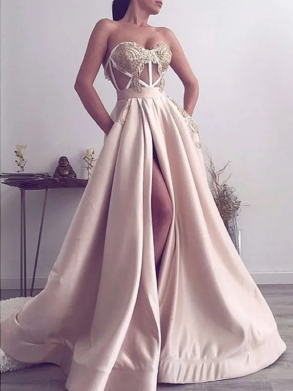 Elegant Satin Applique Illusion Strapless Prom Dresses,PD00177