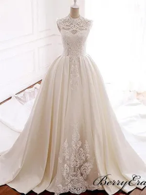 Elegant Sleeveless Satin Tulle Wedding Dresses, Lace Wedding Dresses, Bridal Gown