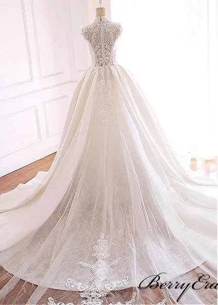 Elegant Sleeveless Satin Tulle Wedding Dresses, Lace Wedding Dresses, Bridal Gown