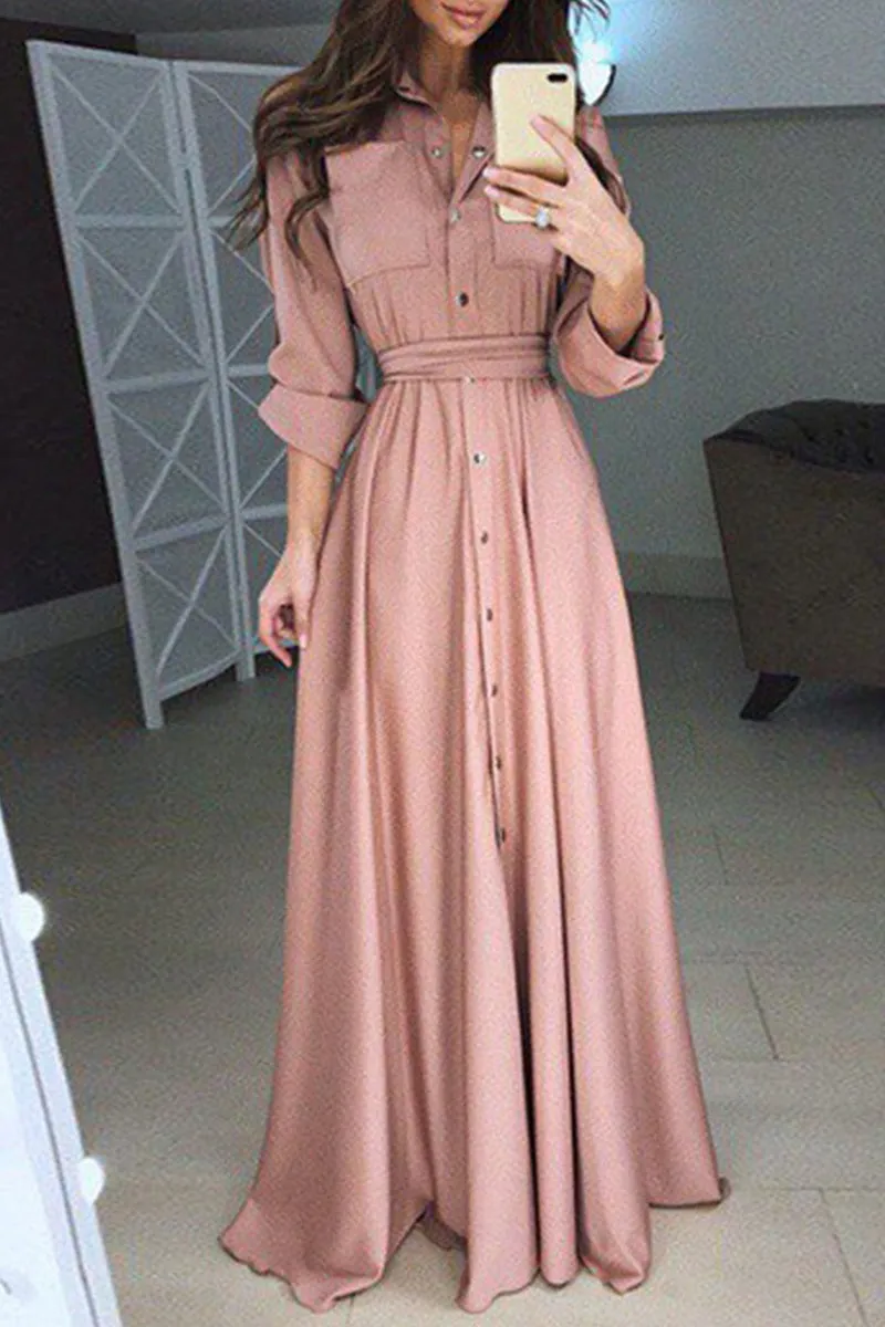 Elegant Solid Frenulum Turndown Collar Shirt Dress Dresses