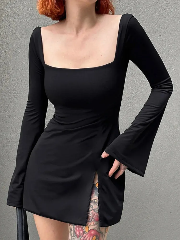 Elegant Square Neck Slit Flare Sleeve Dress