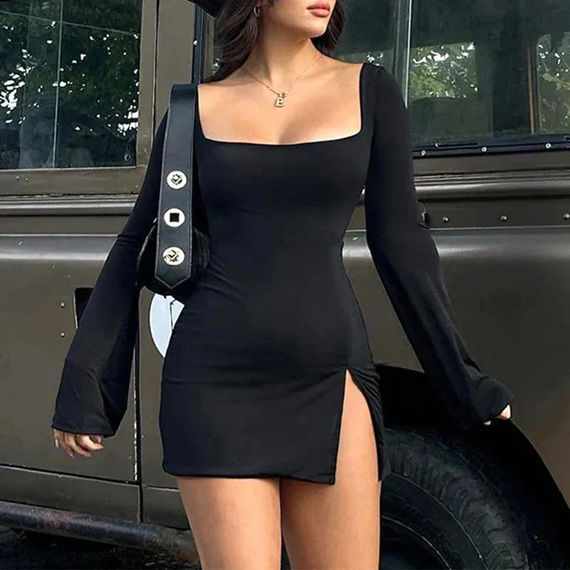 Elegant Square Neck Slit Flare Sleeve Dress