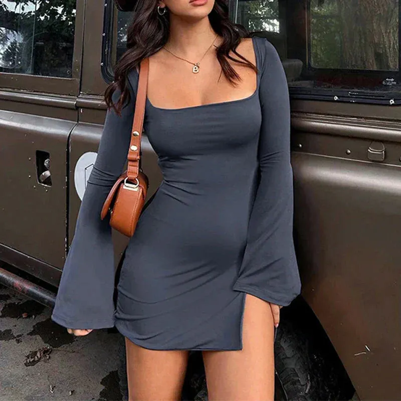 Elegant Square Neck Slit Flare Sleeve Dress