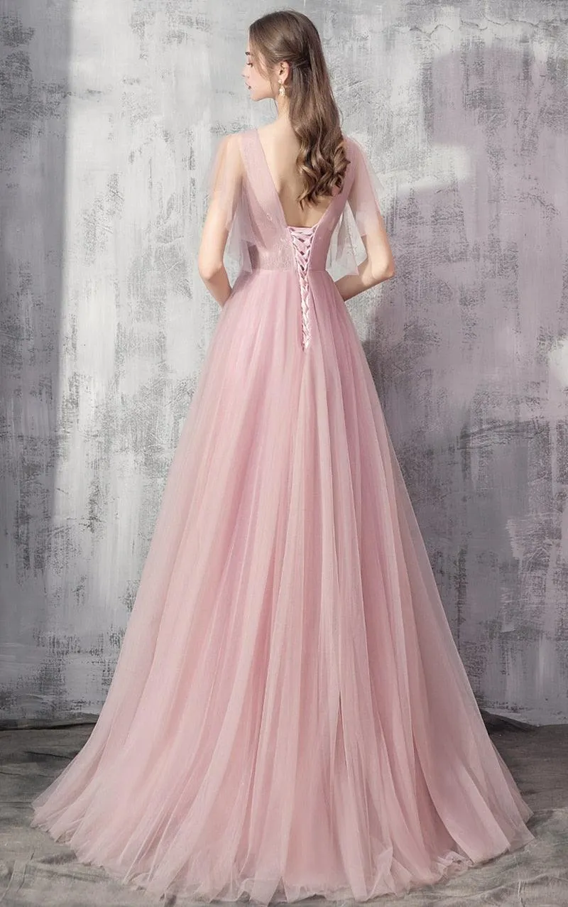 Elegant V-Neck Lace Appliques Sweet Pink Long Prom Dress