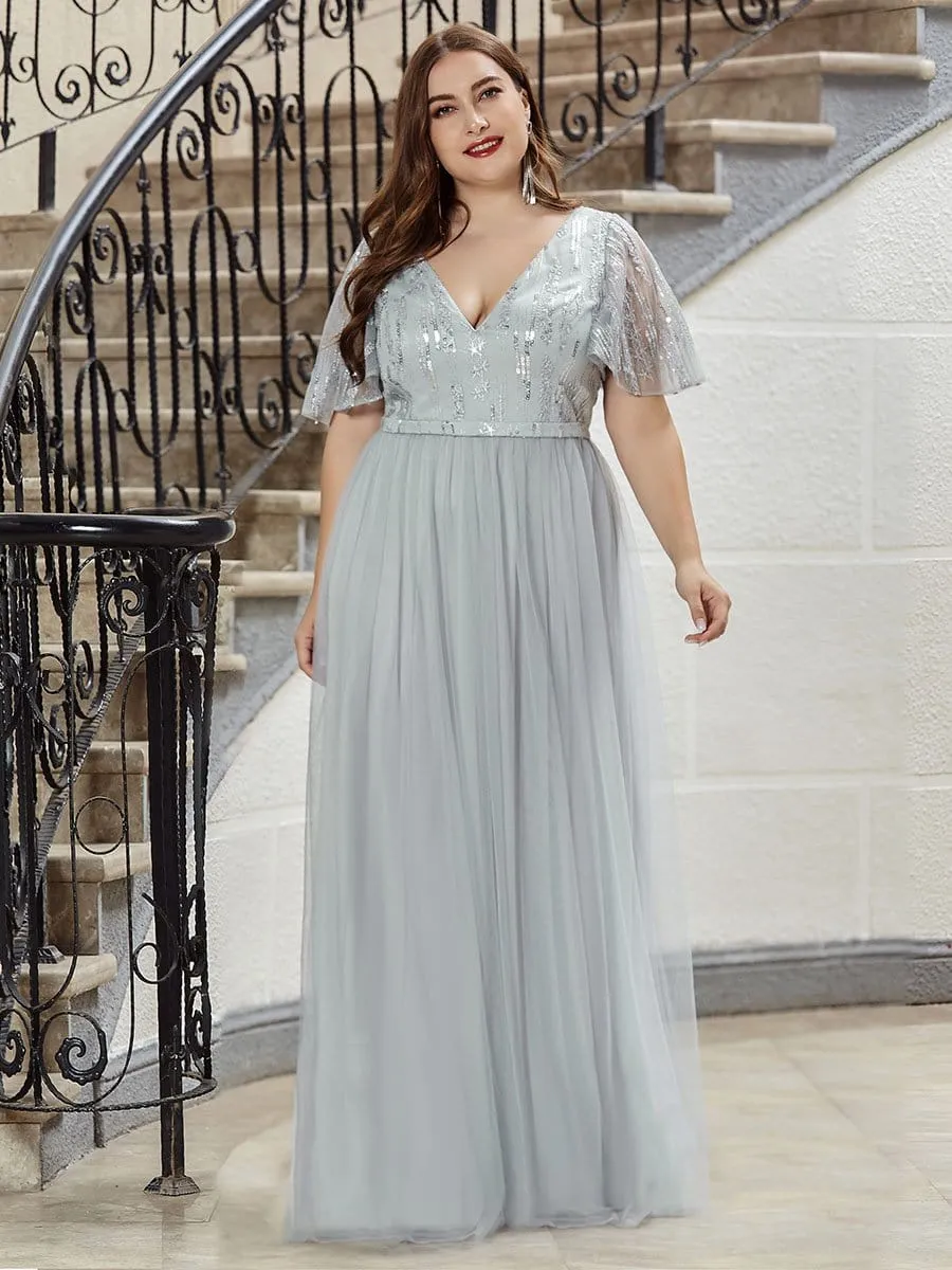 Elegant V Neck Short Sleeve Glitter Tulle Evening Dresses