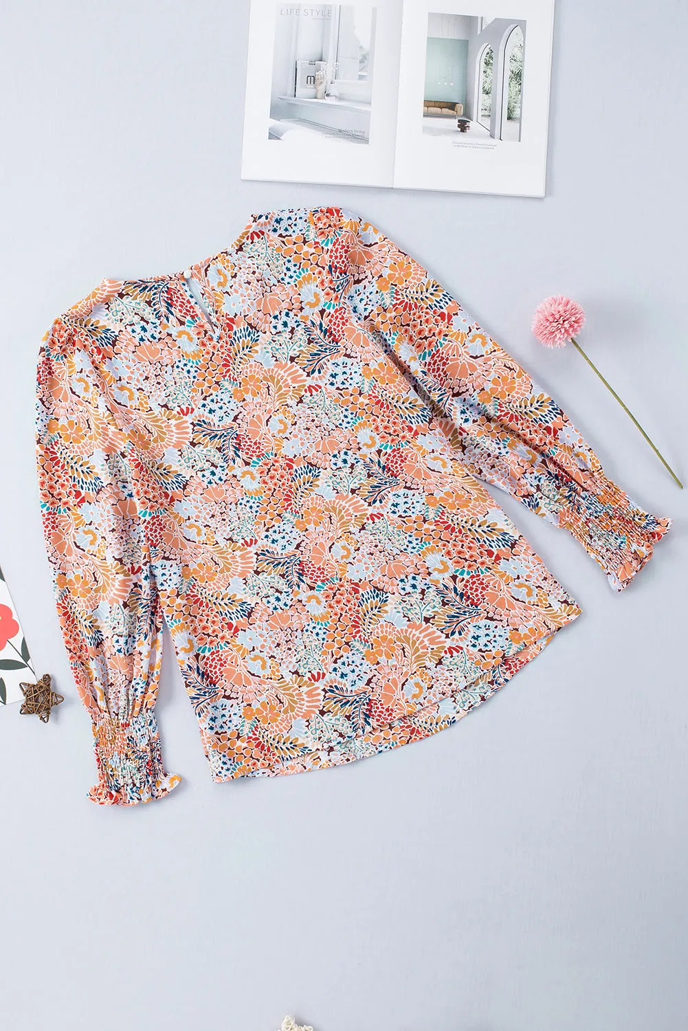 Floral Print Long Puff Sleeve Blouse