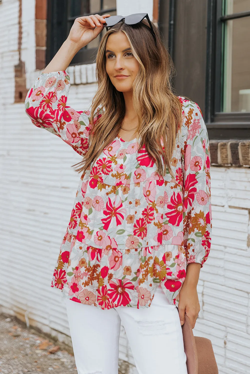 Floral V-Neck Tiered Babydoll Blouse