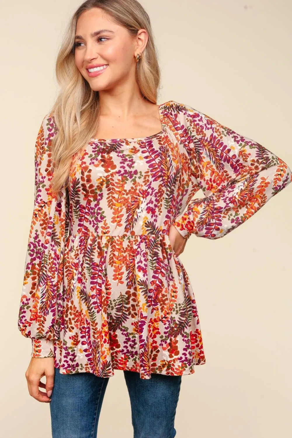 Full Size Peplum Floral Square Neck Blouse