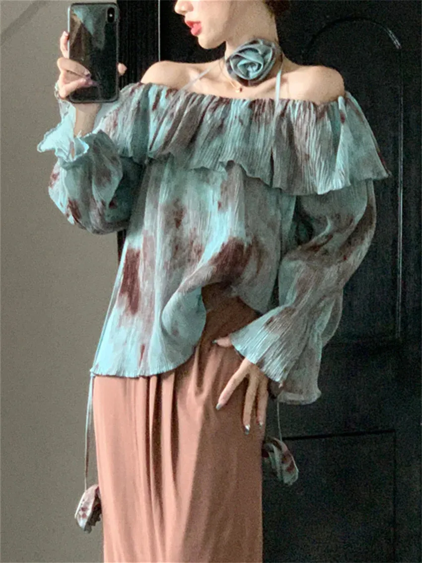 Girlary Blue Retro Blouses Daily Tie-Dying Ruffles Autumn Chic Loose Slash Neck Slim Office Lady Full Sleeve Ruffles